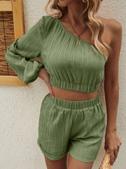 Textured one-shoulder crop top and cuffed shorts set in Matcha Green