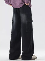 Black oversized cargo jeans with drawstring waist and large side pockets.