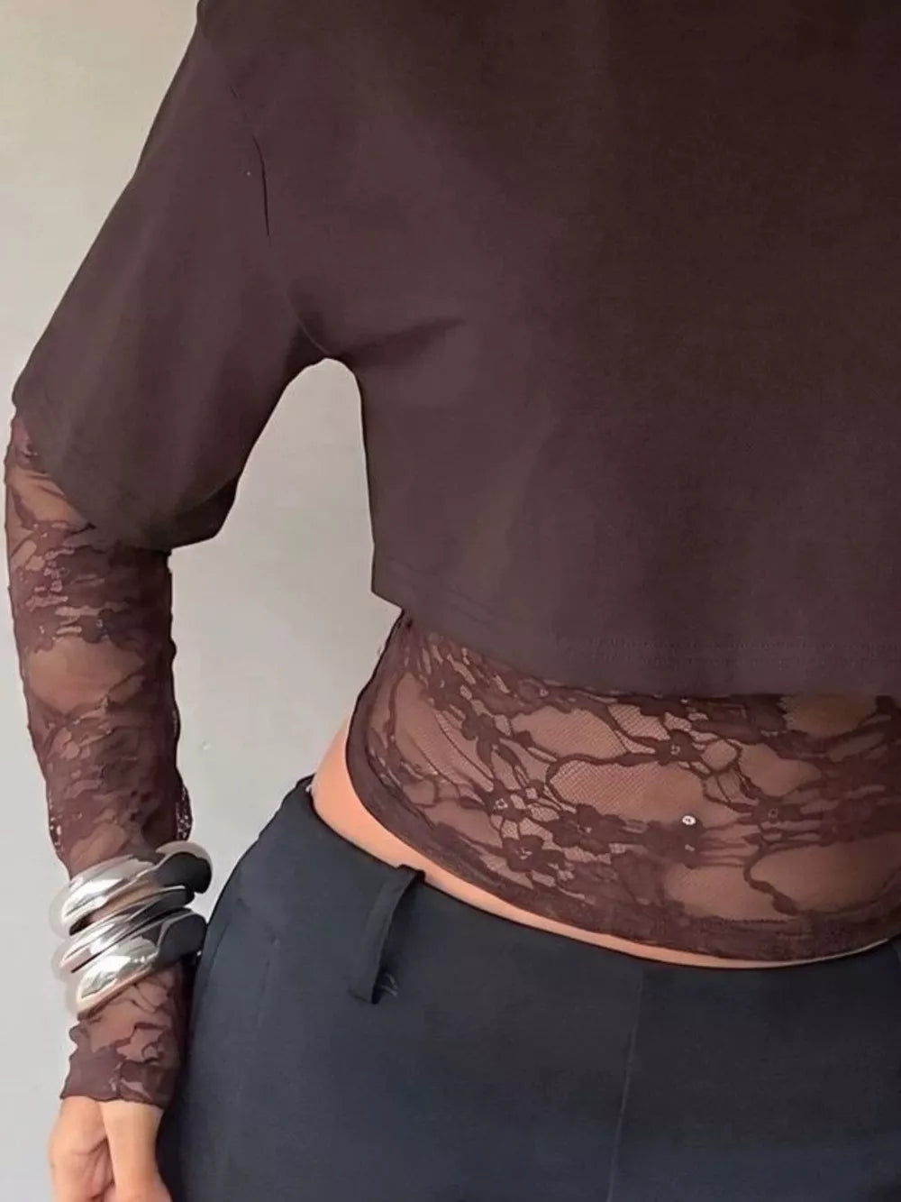 Lace Patchwork Short Sleeve T-shirt in Black, alternate angle