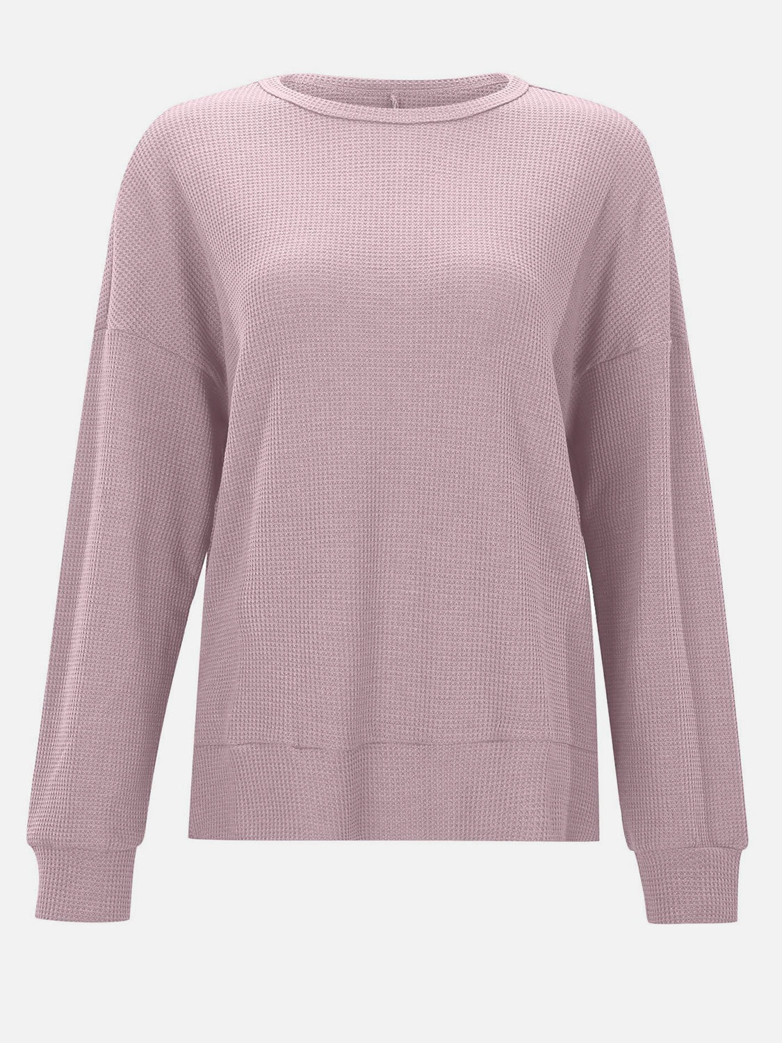 Dusty Pink waffle knit relaxed fit crewneck top with long sleeves and ribbed cuffs and hem.
