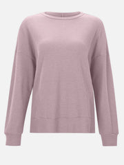 Dusty Pink waffle knit relaxed fit crewneck top with long sleeves and ribbed cuffs and hem.