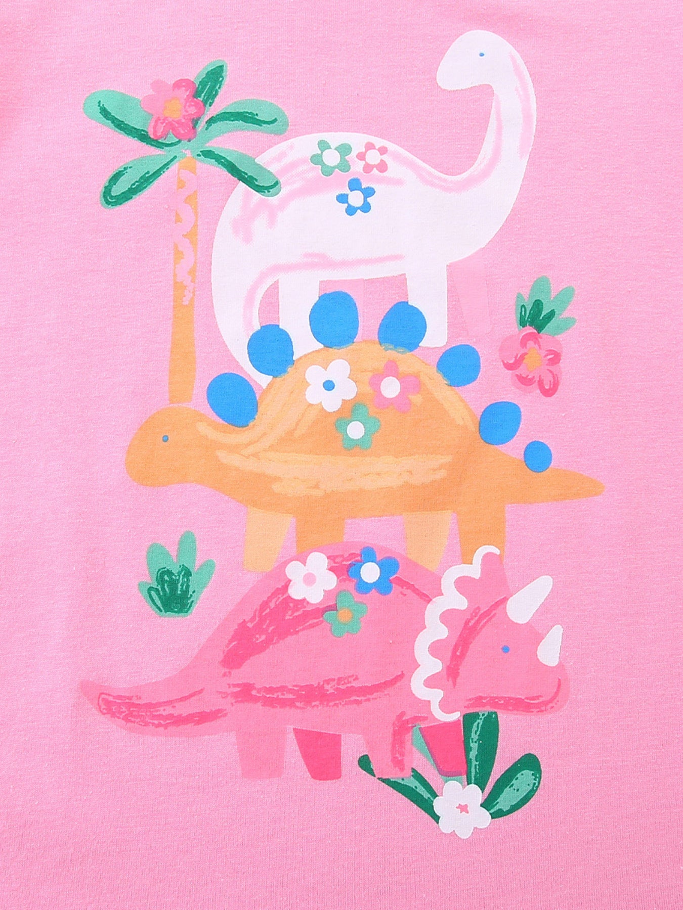 Pink cotton tee with colorful dinosaur and flower print