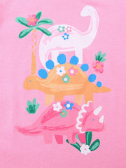 Pink cotton tee with colorful dinosaur and flower print