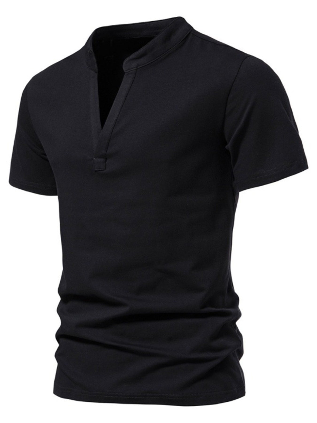 Black cotton short sleeve t-shirt with a unique V-neck collar and a relaxed fit.