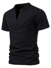 Black cotton short sleeve t-shirt with a unique V-neck collar and a relaxed fit.