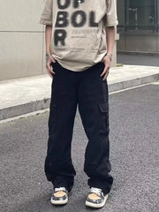 Men's black relaxed fit cotton cargo pants with multiple pockets.