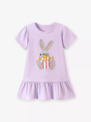 Lavender cotton baby dress with bunny appliqué and ruffled hem
