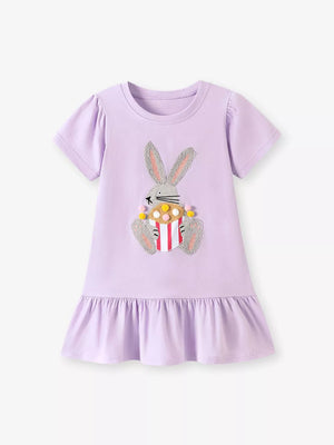 Lavender cotton baby dress with bunny appliqué and ruffled hem