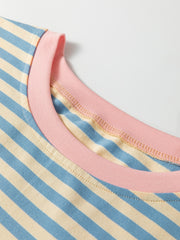 Striped round-neck t-shirt in light blue and cream with a pink neckline detail.
