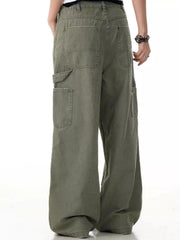 Rugged distressed wide-leg cargo pants in olive green with multiple pockets.