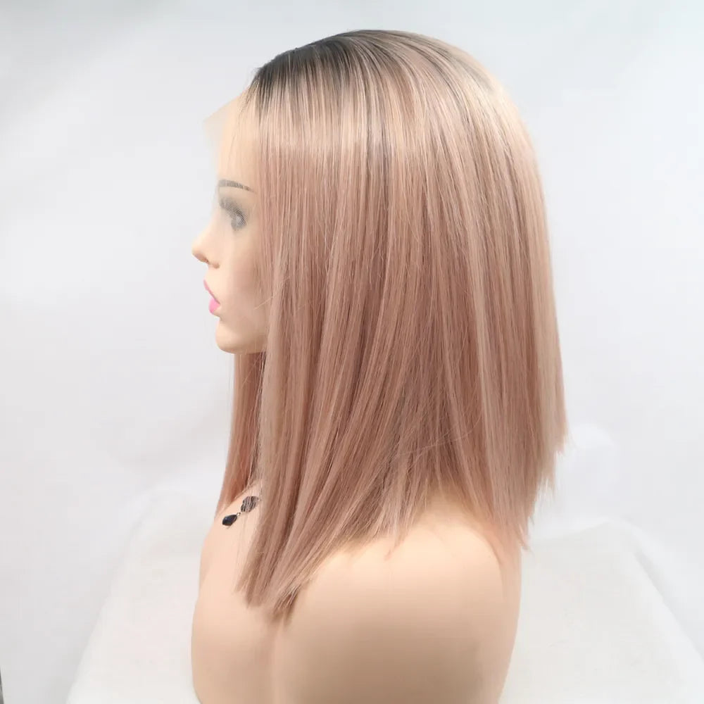 Ombre bob wig in black and pink with a straight cut and lace front.