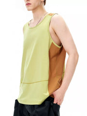Men's light green and brown color block tank top with a crew neck.