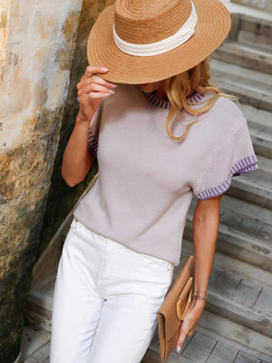 Banded trim knit t-shirt in beige with short butterfly sleeves and a crew neck.