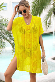 Yellow open-knit caftan with V-neck, short sleeves, side slits and tie detail.