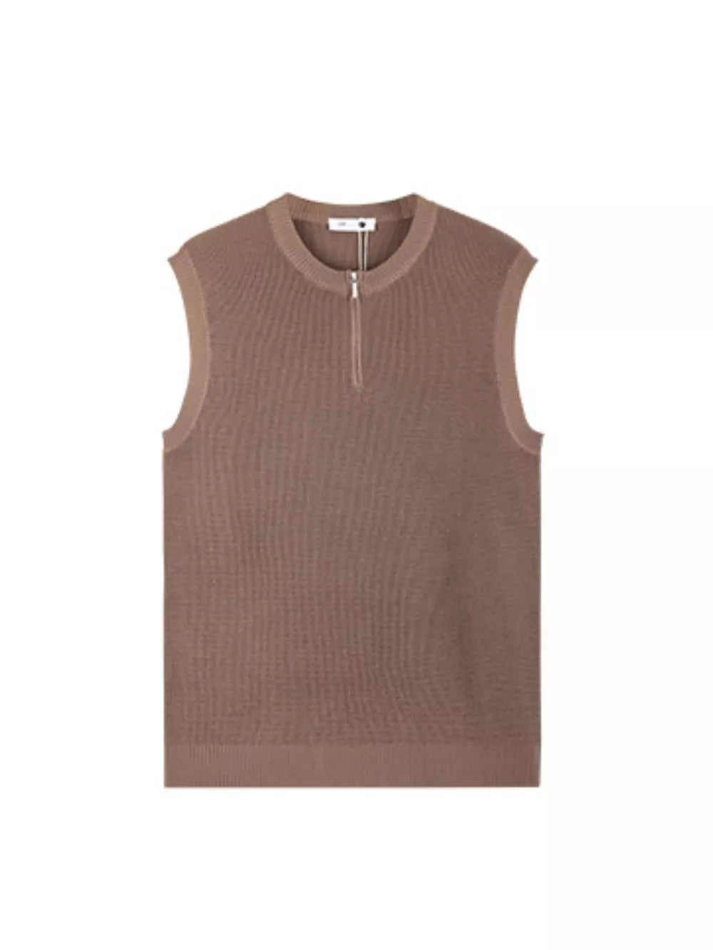 Textured knit quarter-zip men's tank in brown with a ribbed neckline and hem.