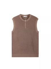 Textured knit quarter-zip men's tank in brown with a ribbed neckline and hem.