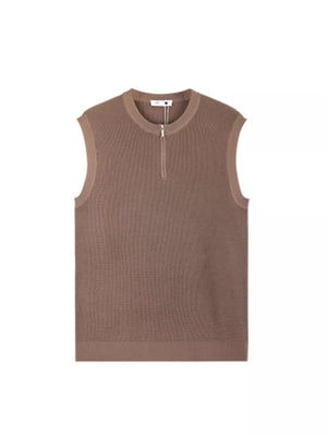 Textured knit quarter-zip men's tank in brown with a ribbed neckline and hem.