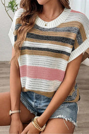 Open knit boxy tee with stripes in white, dusty pink, brown, and black.