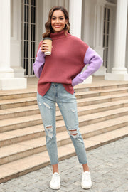 Colorblock turtleneck sweater with asymmetric hem, rust and lilac sleeves, casual style