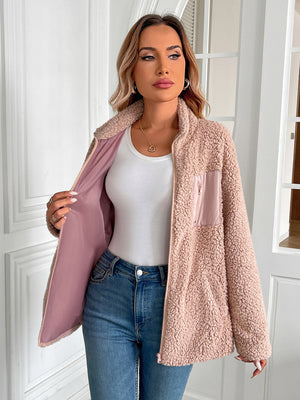Teddy fleece jacket in watermelon pink with patch pocket detail and zip front.