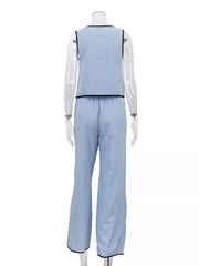 Sleek Contrast Trim Top And Wide-leg Pants Set