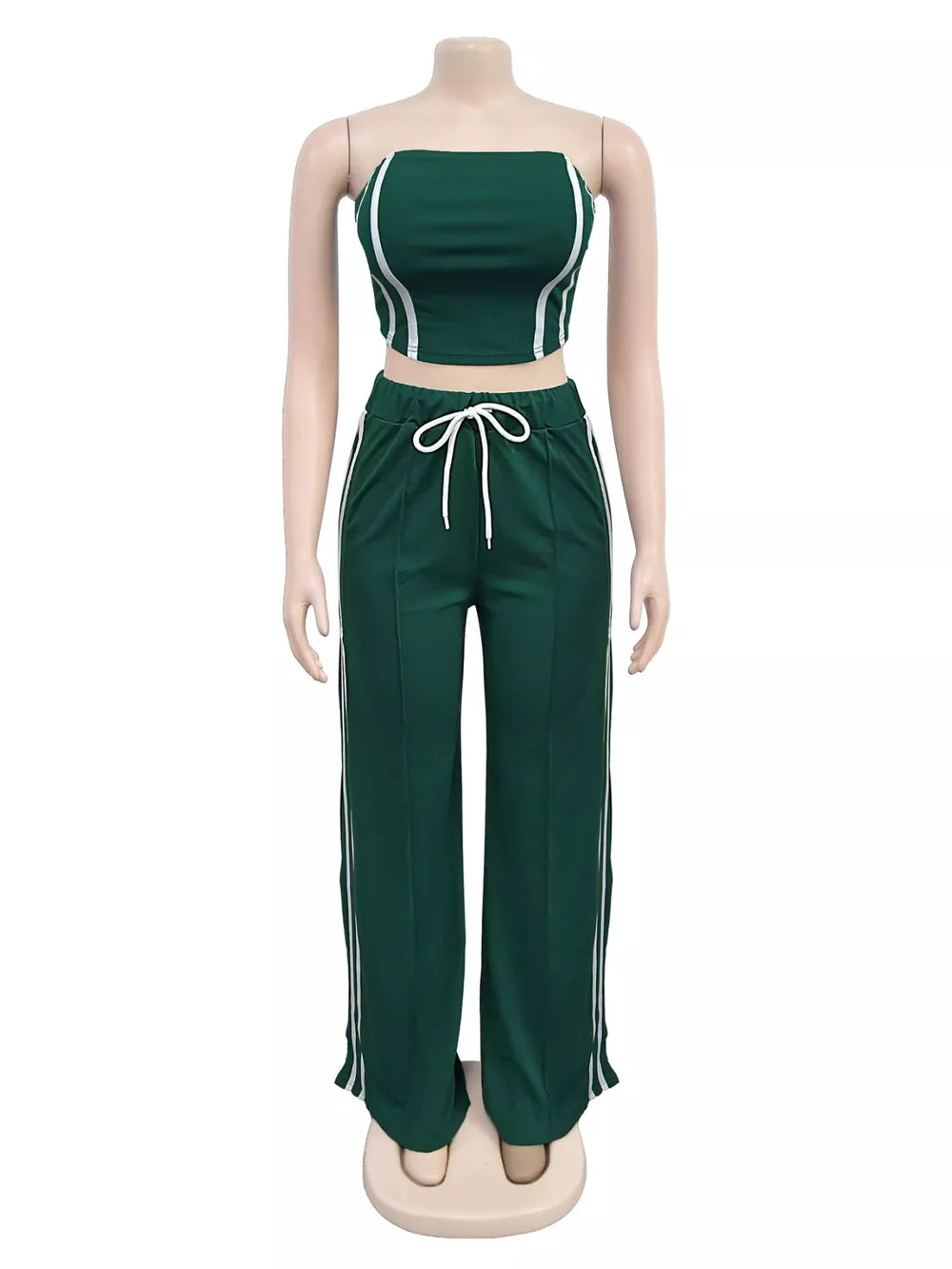 Dark green tube top and wide-leg pant set with white piping and drawstring waist.