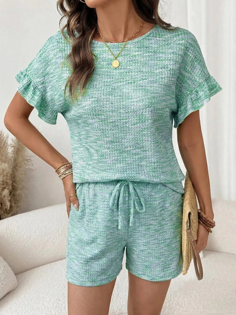 Green ruffled sleeve two-piece set with drawstring shorts