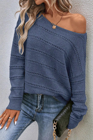 French blue off-the-shoulder knit pullover with openwork details and boat neckline.