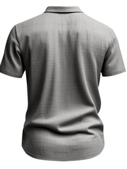 Grey short sleeve button-down shirt with collar and subtle texture