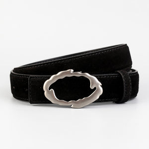 Black cowhide leather belt with wavy silver buckle