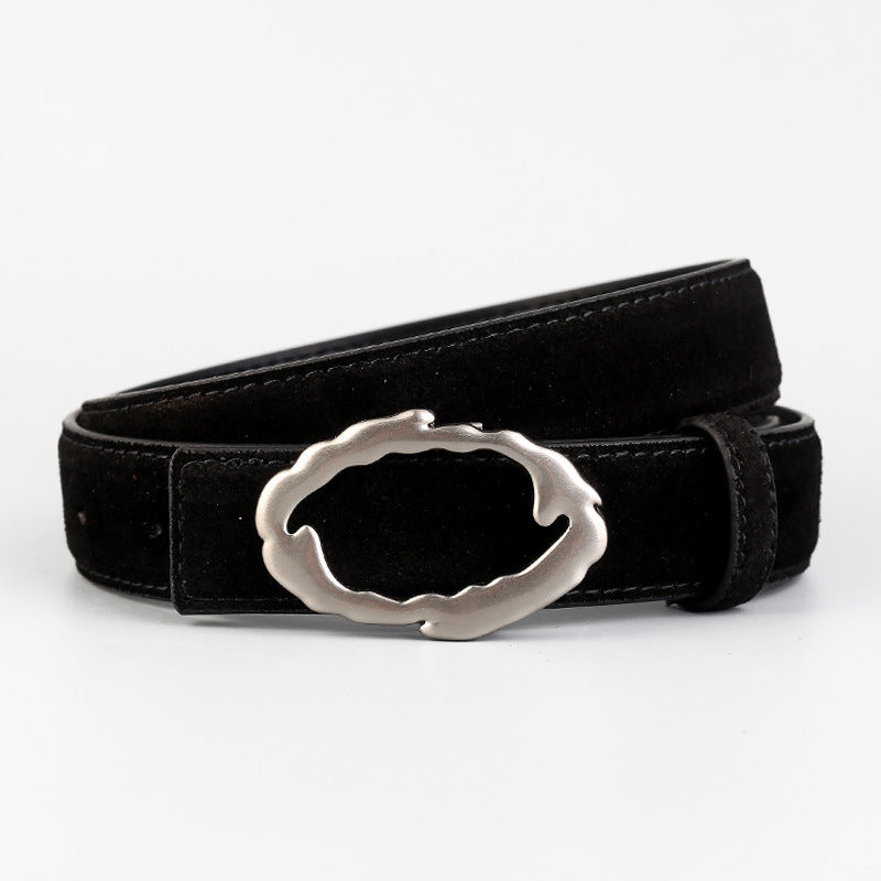 Black cowhide leather belt with wavy silver buckle