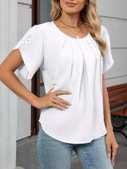 White pleated short sleeve polyester blouse with button detail on sleeves.