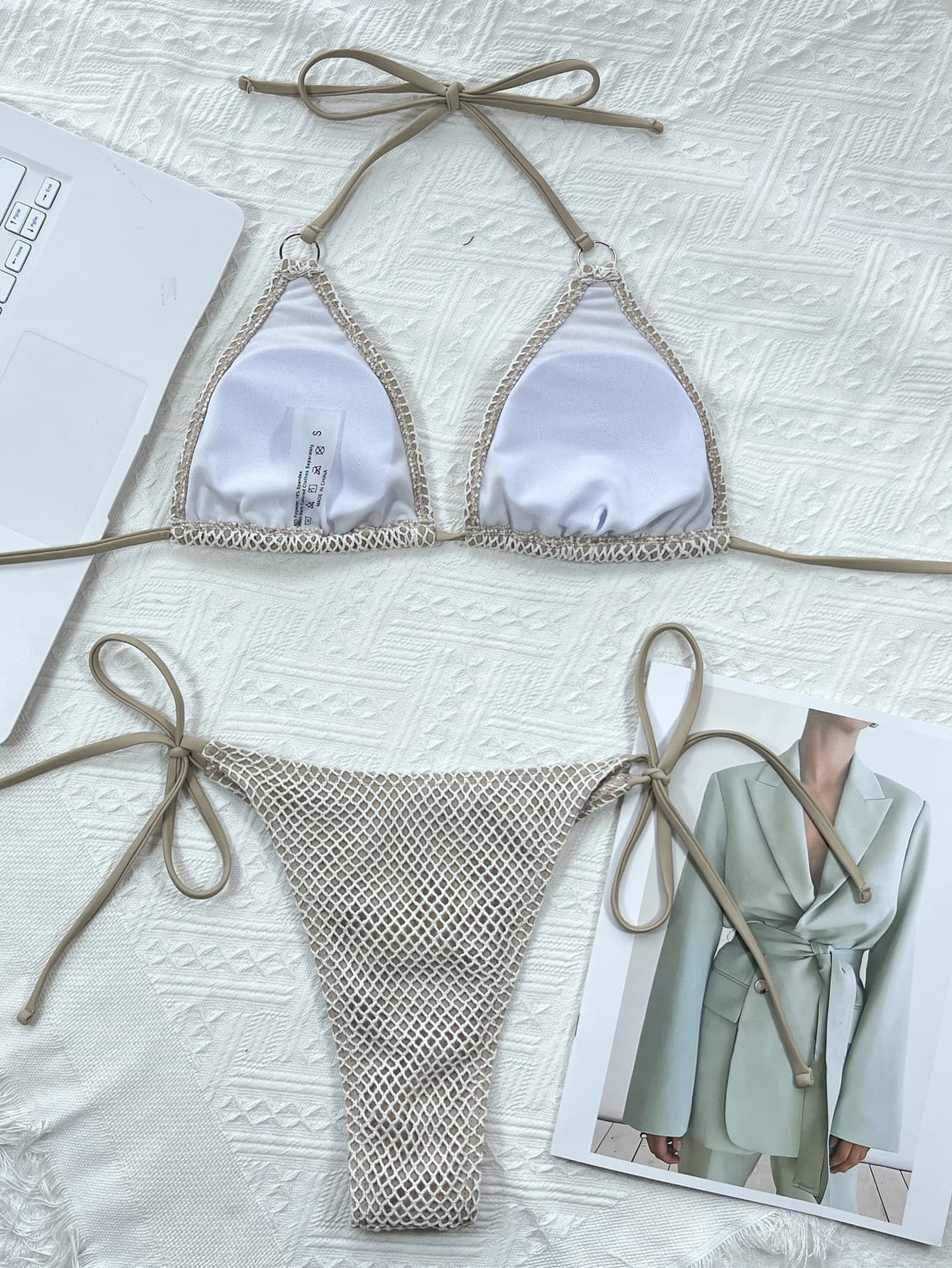Crochet halter bikini set in ivory with tie sides and mesh bottoms.