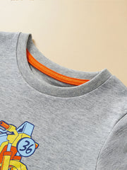 Toddler grey cotton graphic t-shirt with orange trim and motorcycle print.