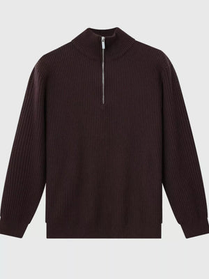 Men's Plus Size Ribbed Half-zip Sweater in Dark Brown, front view