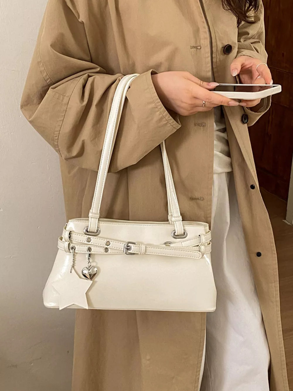 Buckle Decor Shoulder Bag in White, side view