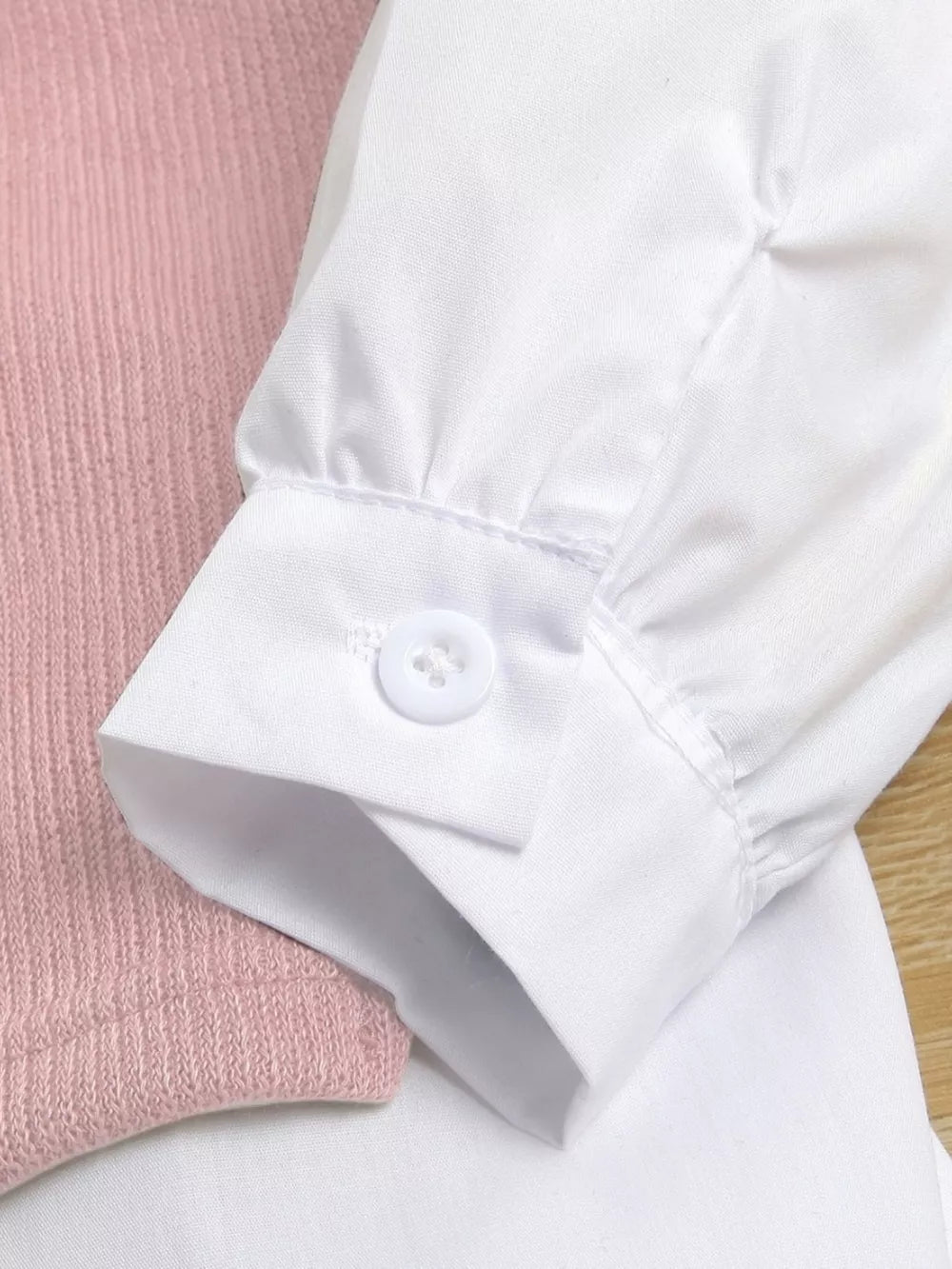 Children's Long Sleeve Shirt Dress And Knit Vest Set in Pink, close-up detail