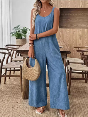 Spaghetti Strap Wide Leg Jumpsuit in Dusty Blue, close-up detail