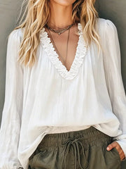 Frill V-neck Long Sleeve Blouse in White, side view