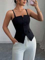 Black V-cut button-front cami top with adjustable straps and pocket details.