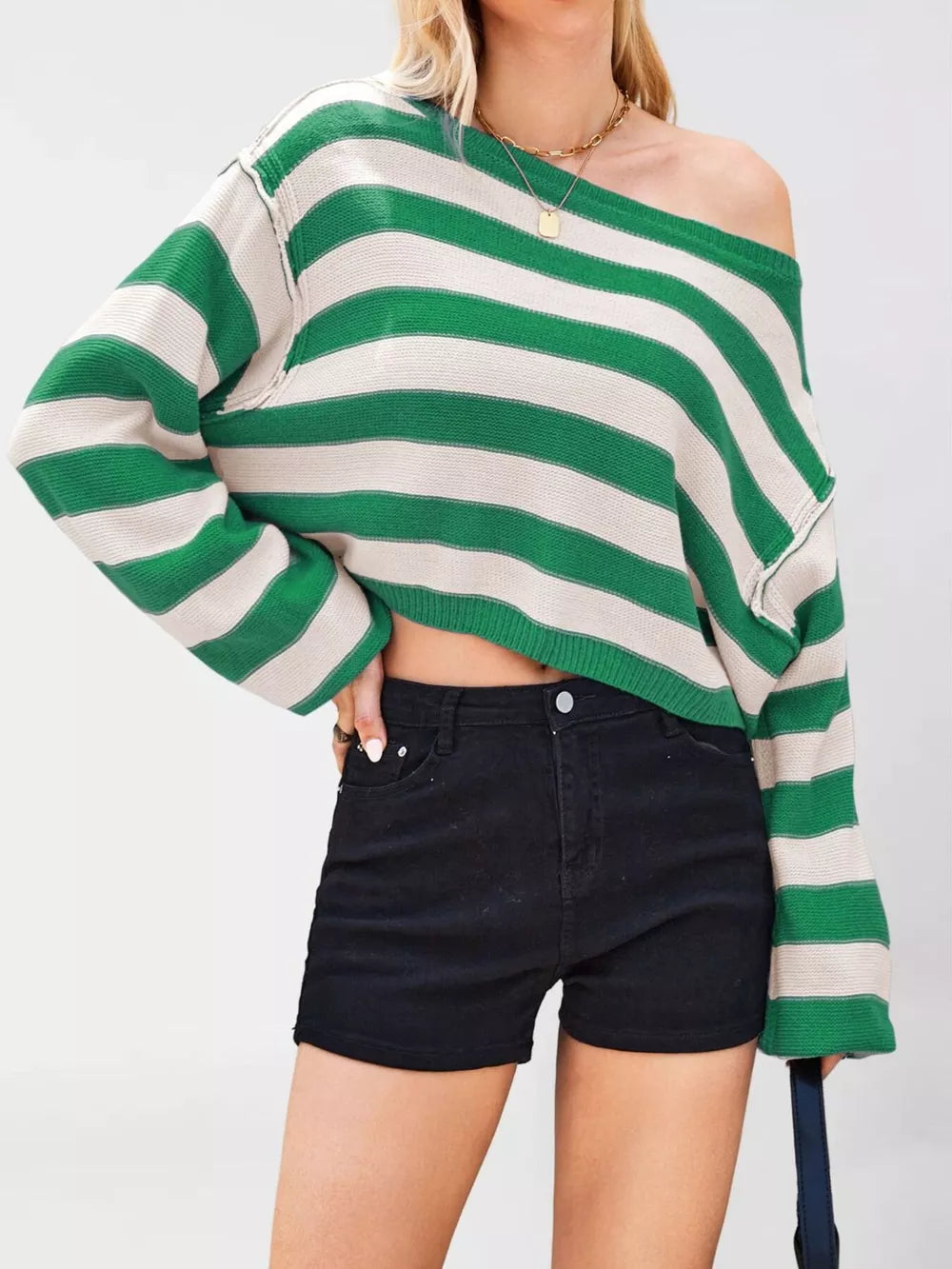 Green pullover sweater with pullover and striped