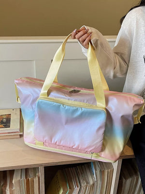 Iridescent gradient large duffel bag with yellow straps and front pocket