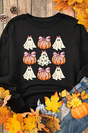 Black crewneck sweatshirt with a grid of Halloween ghosts and pumpkins graphic.
