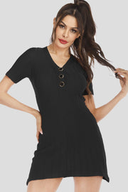 Black ribbed knit mini dress with V-neck and gold button details