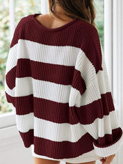 Burgundy and white striped oversized knit sweater with a crew neck and dropped shoulders.