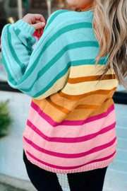 Ombre stripe knit sweater with ribbed cuffs in sherbet and turquoise colors.