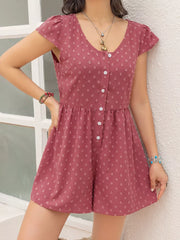 Charming Swiss dot cap sleeve romper in rose with button-down detail.