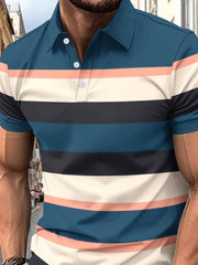 Men's polo shirt with bold horizontal stripes in navy, cream, and peach.