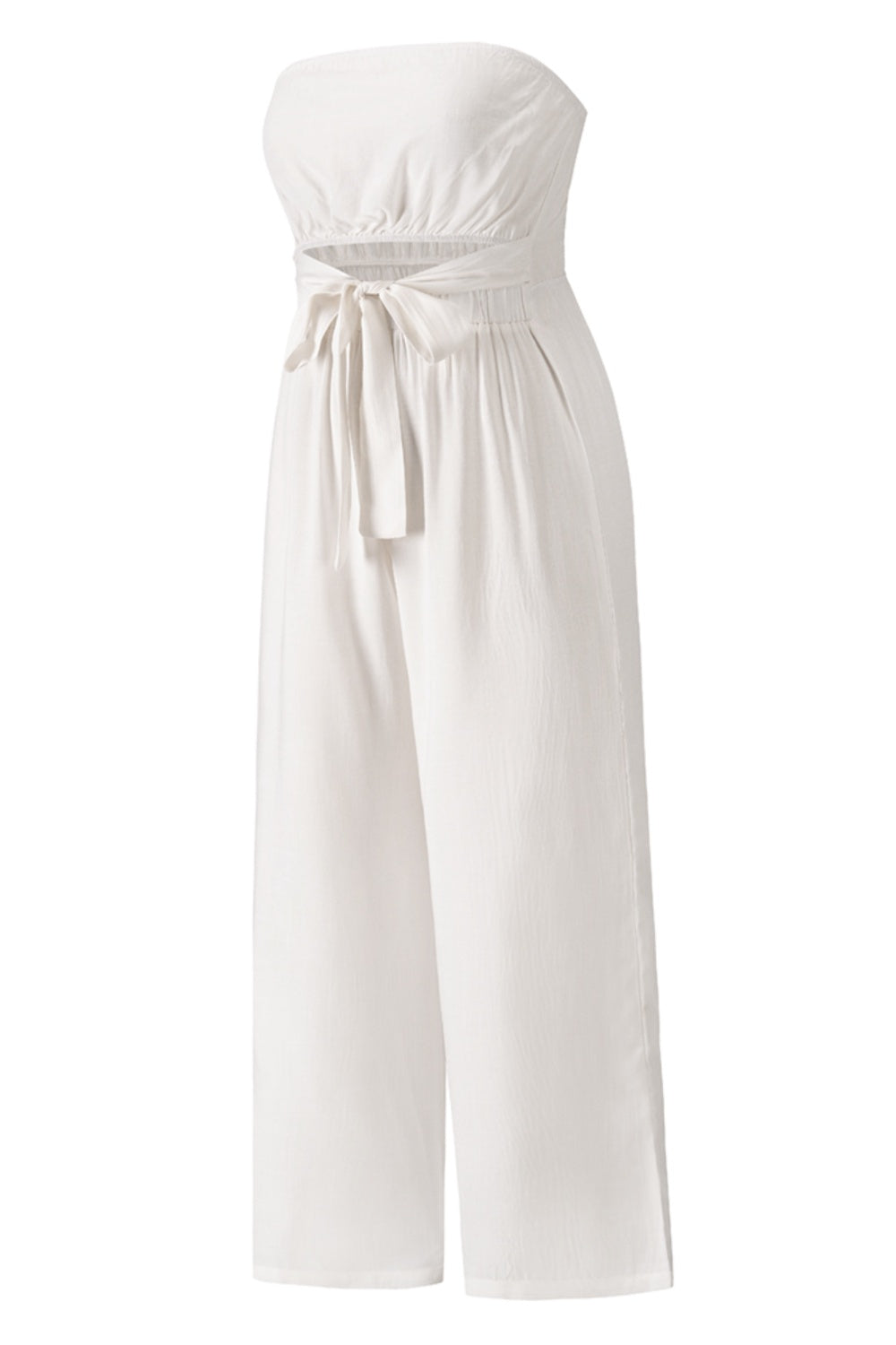 White bandeau tie-waist wide-leg jumpsuit with a cutout detail.