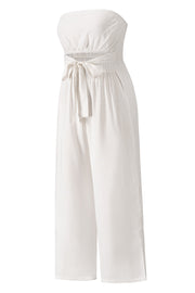 White bandeau tie-waist wide-leg jumpsuit with a cutout detail.